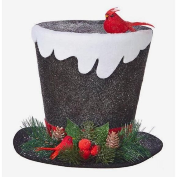 NEW Raz Snowman's Black Snow Capped Top Hat with Cardinals and Pine Tree Topper - Picture 1 of 1